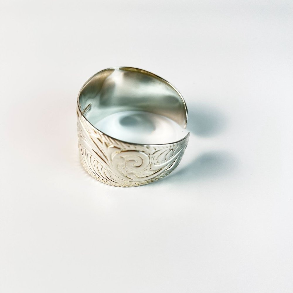 Embossed Floral Scroll Solid Sterling Silver Graduated Wide Cuff Bracelet - Picture 4 of 10